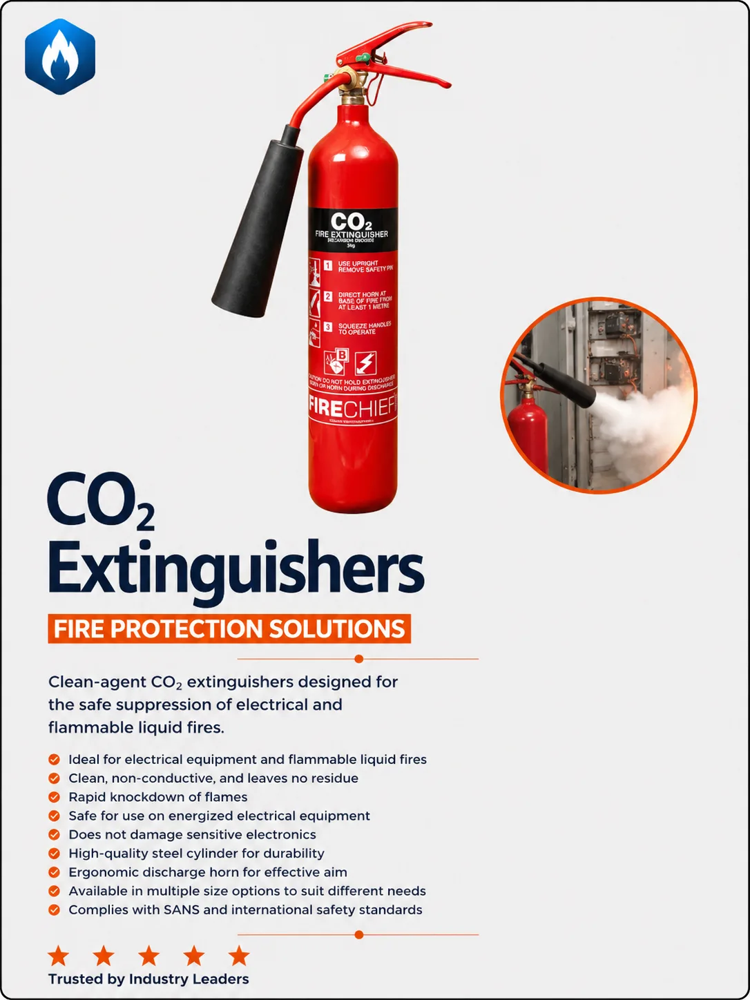 Red carbon dioxide fire extinguisher with black discharge horn