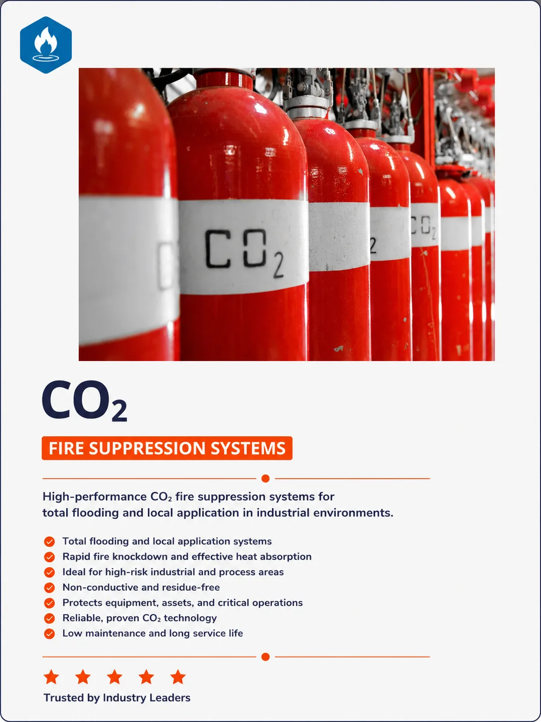 Carbon dioxide fire suppression cylinders for industrial fire protection