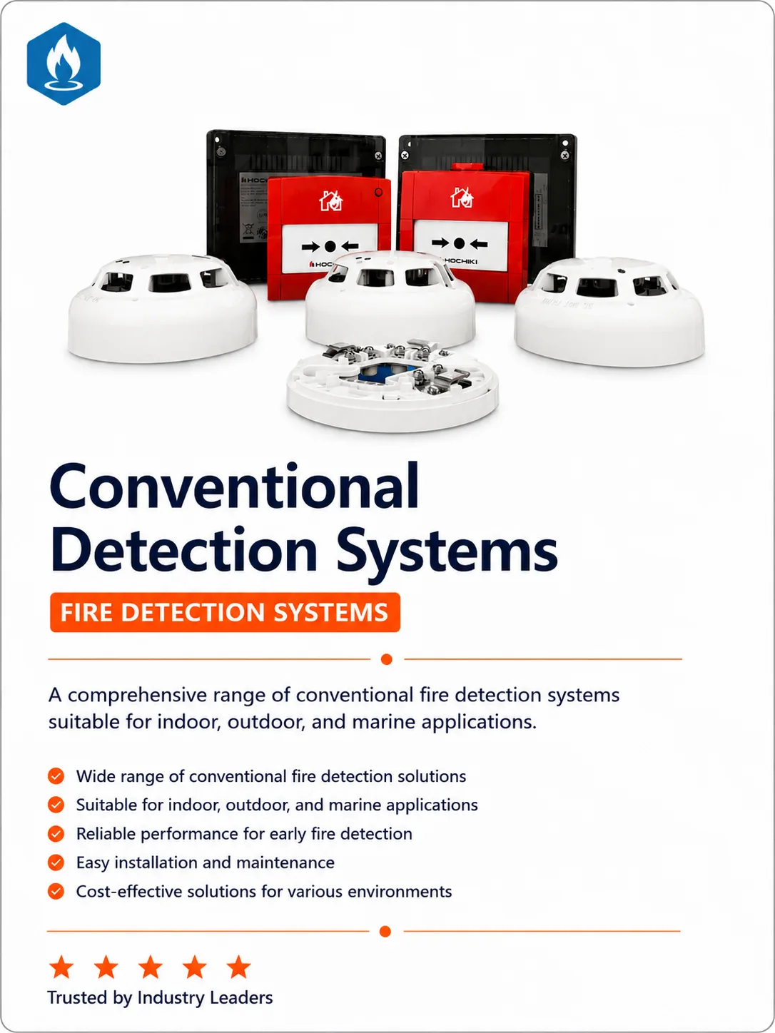 Conventional fire detection system components, including smoke detectors, manual call points and control panels