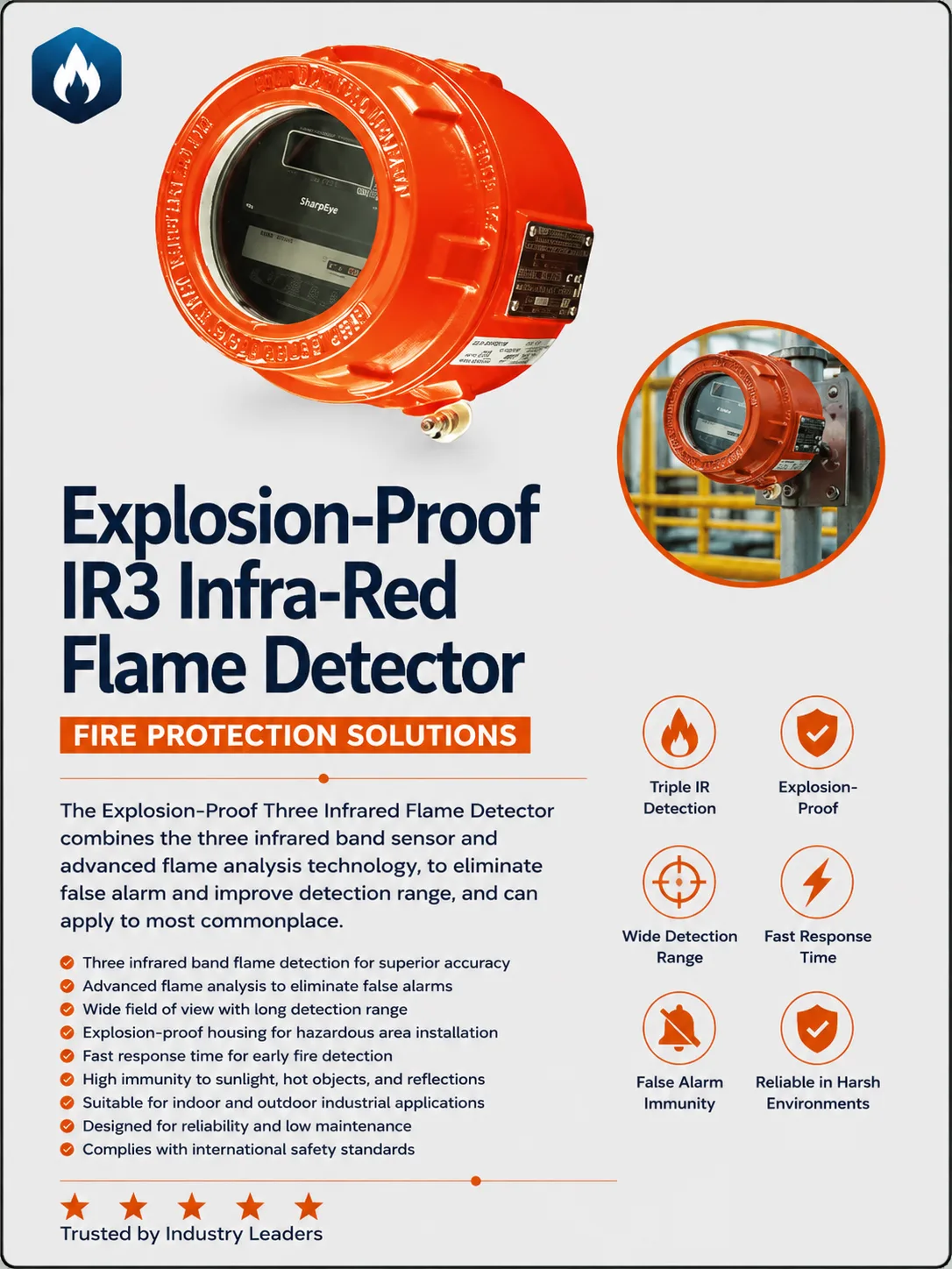 Explosion-proof IR3 infrared flame detector for industrial fire detection