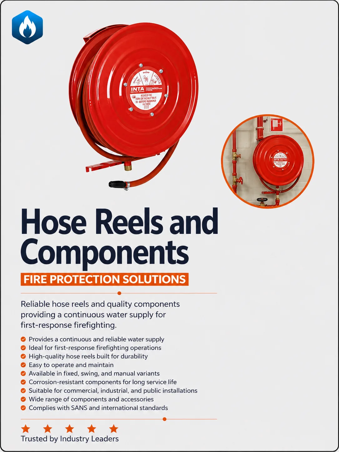Fire hose reel and components for building fire protection
