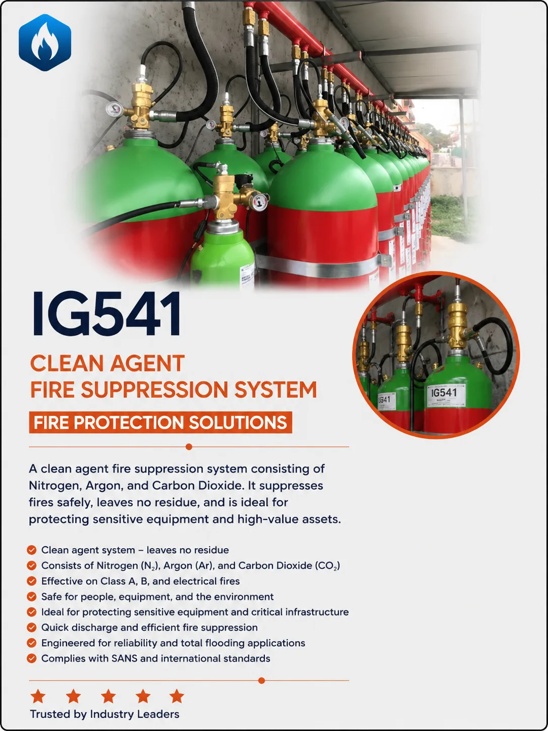 IG541 inert gas fire suppression system with installed gas cylinders