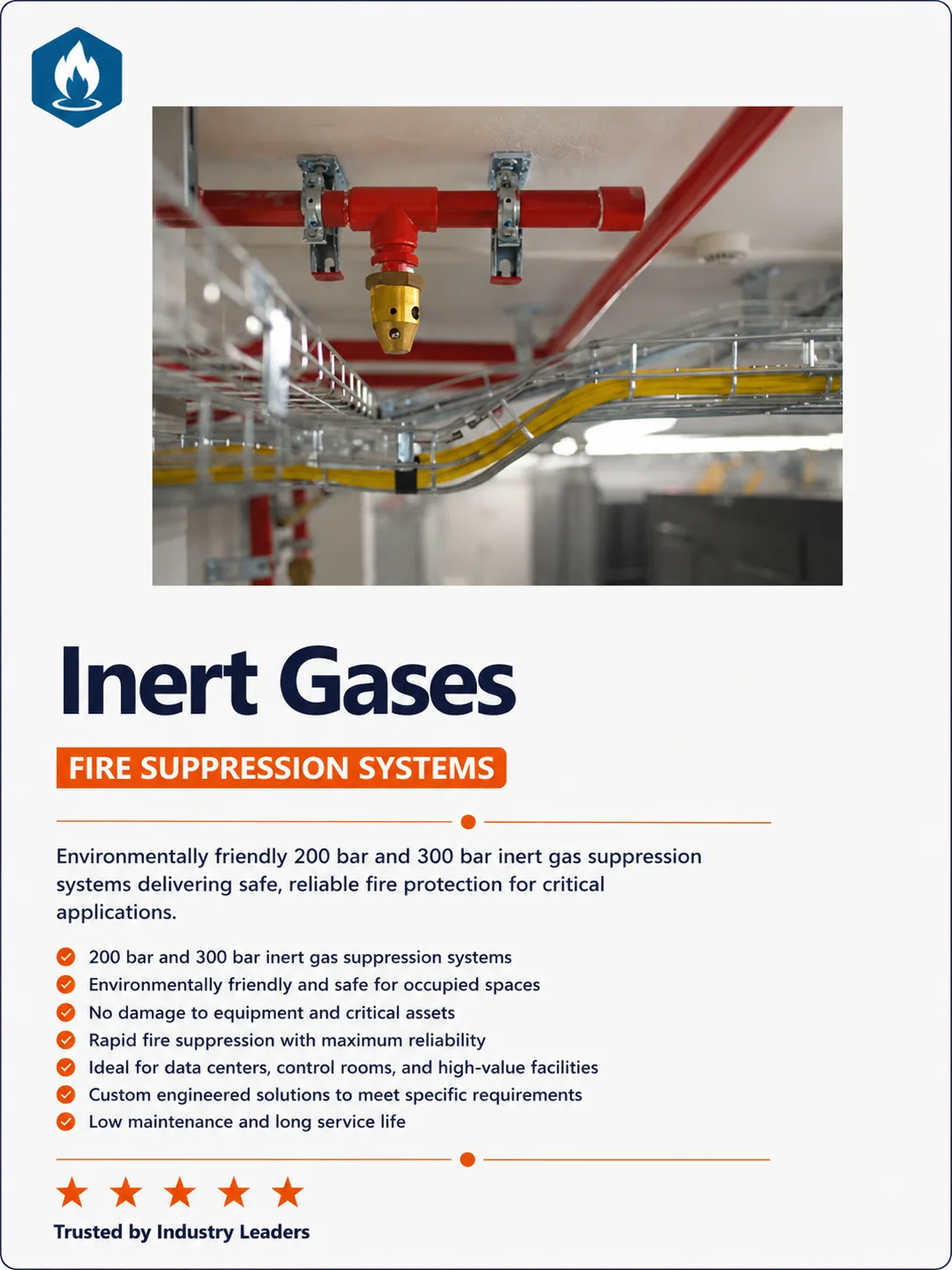 Inert gas fire suppression discharge nozzle and overhead pipework