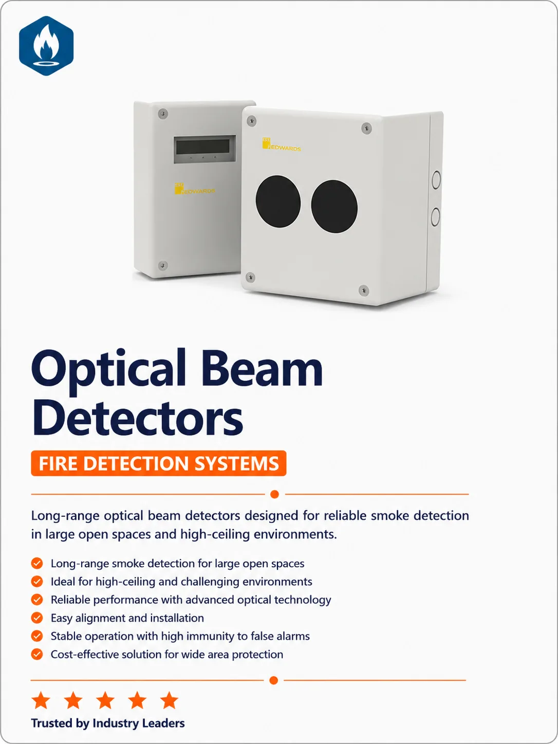 Optical beam smoke detection units for large indoor spaces