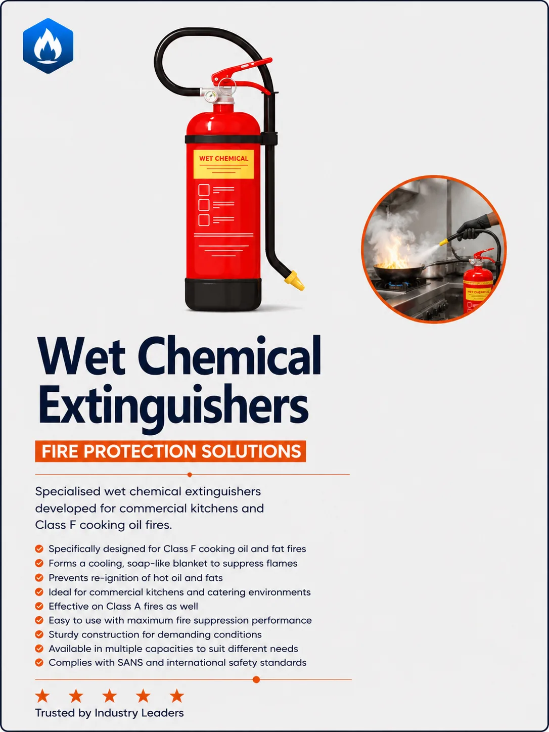 Wet chemical fire extinguisher for commercial kitchen fires
